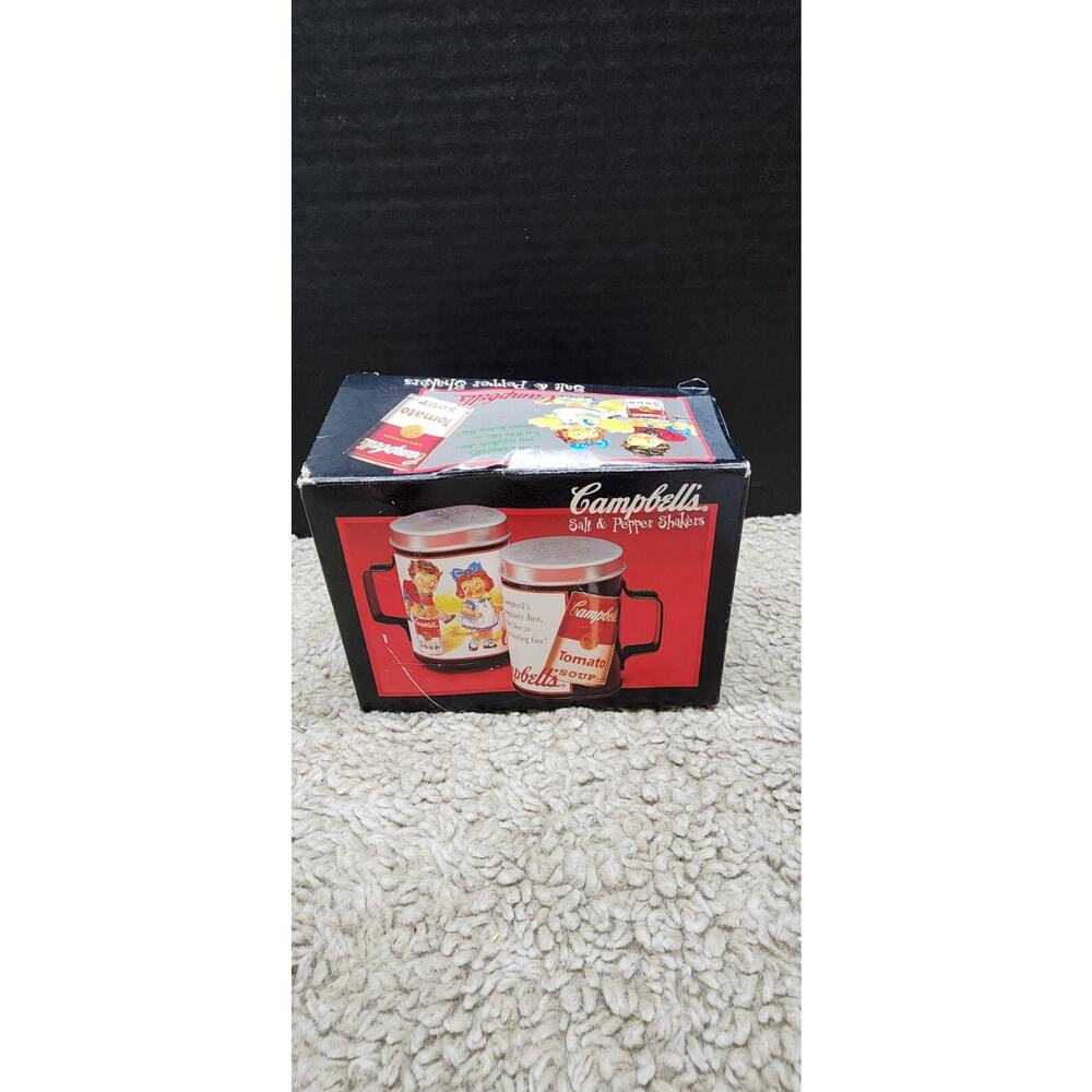 Campbells Soup Tin Salt and Pepper Shakers With Handles. F